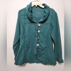 Neon Buddha Women's Green Jacket Sparkle Gem Buttons Patchwork Artsy size L